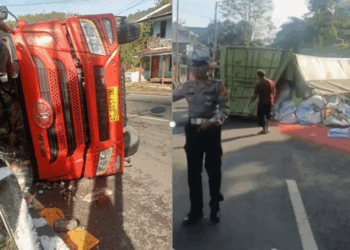Diduga Rem Blong, Truk Tronton Pengangkut Pupuk Terguling di Turunan Cikaledong Nagreg