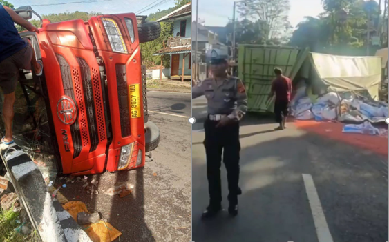 Diduga Rem Blong, Truk Tronton Pengangkut Pupuk Terguling di Turunan Cikaledong Nagreg
