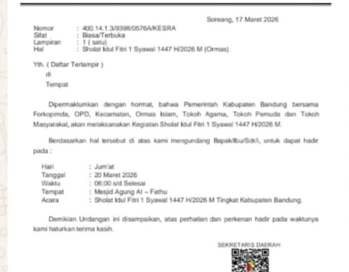 Beredar Surat Undangan Sholat Idulfitri oleh Pemkab Bandung Jumat Besok, Sekda Bilang Itu Hoax